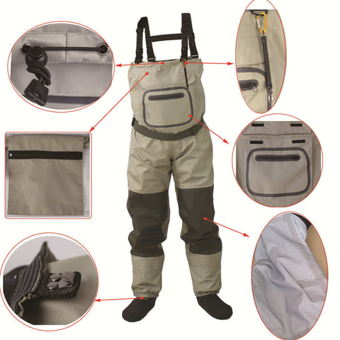 Image of Outdoor Fly Fishing Stocking Foot ,waterproof and breathable chest waders with one buckle accidently rope kits