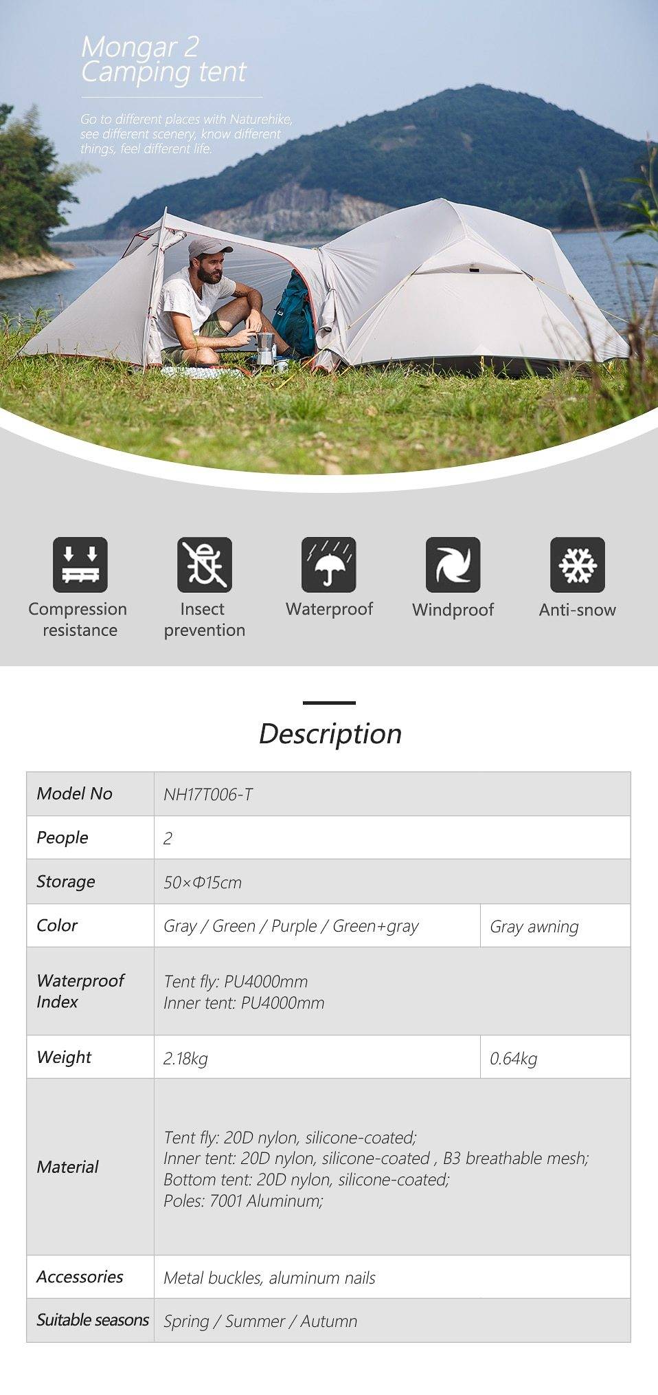 Naturehike Mongar 2 Person Tent  | Ultralight Outdoor Waterproof Tent