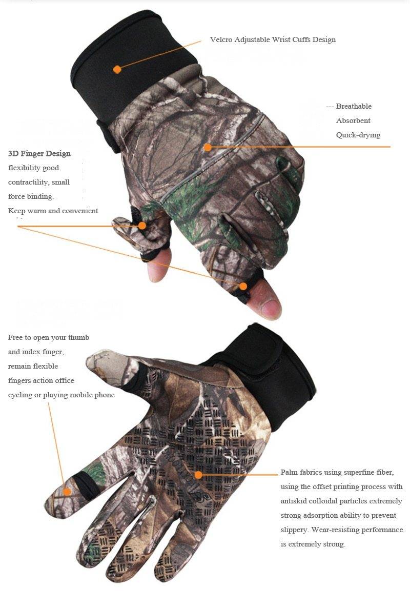 Camouflage Fishing Gloves Hunting Gloves Anti-Slip 2 Fingers Cut Outdoor Camping Cycling Half Finger Sport Gloves Camo
