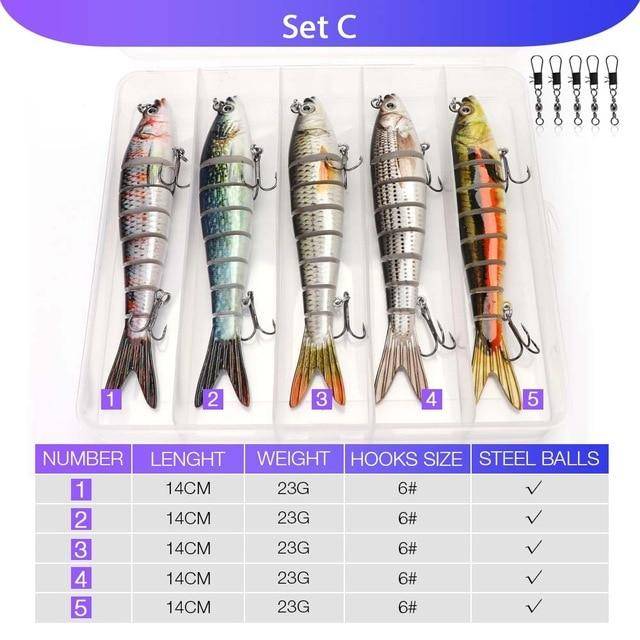 VTAVTA 5pcs Sinking Wobblers Lures Set | 8 Segments | 0.8oz/ 5.5'' |