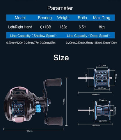 Image of Mavllos GB Baitcasting Fishing Reel |  6.5:1 Gear Ratio | Drag Power: 8KG / 17.5LB|6+1 BB|152g / 5.36 oz Ultra Light