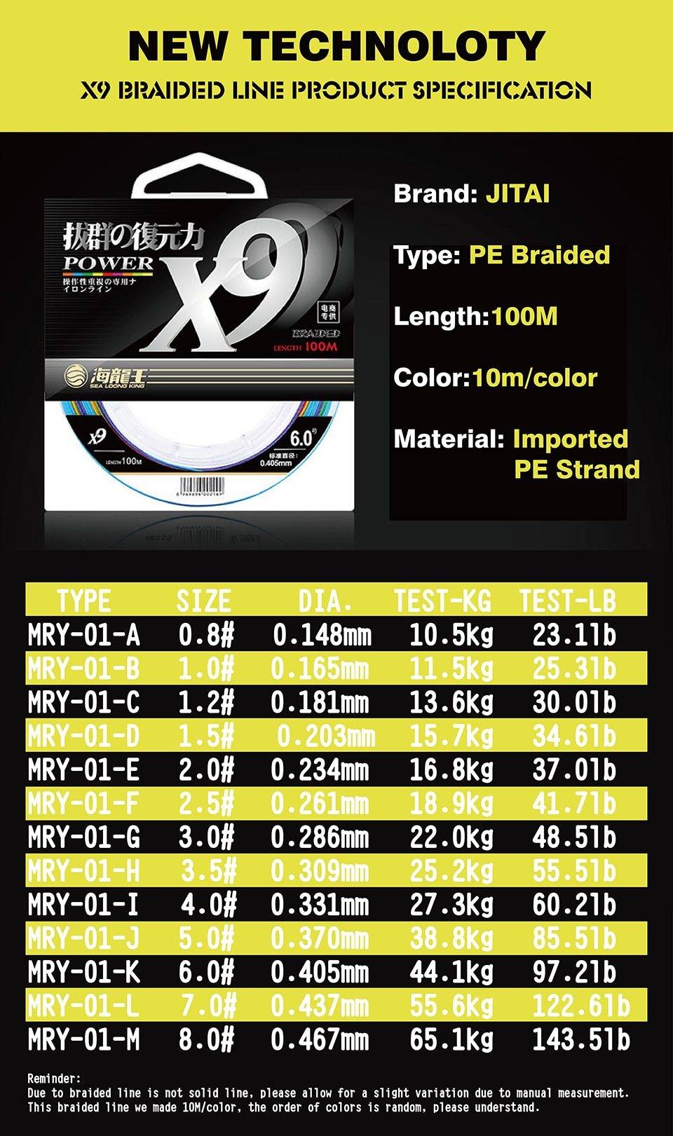 JITAI Multifilament PE Braided Fishing Line 9 Strands 109yd (100M)