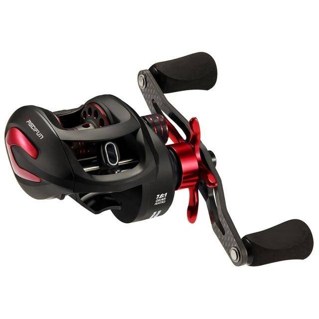 Red Piscifun Phantom X Baitcasting Fishing Reel | 5.3:1-6.3:1- 7.6:1 Gear Ratio |8 Ball Bearings | 18 lbs Max Drag |Carbon Fiber Handle