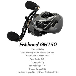 Fishband GH150 Baitcasting Fishing Reel | 7.2:1 Gear Ratio 11+1 Ball Bearings | Carbon Fiber + Aluminium Alloy